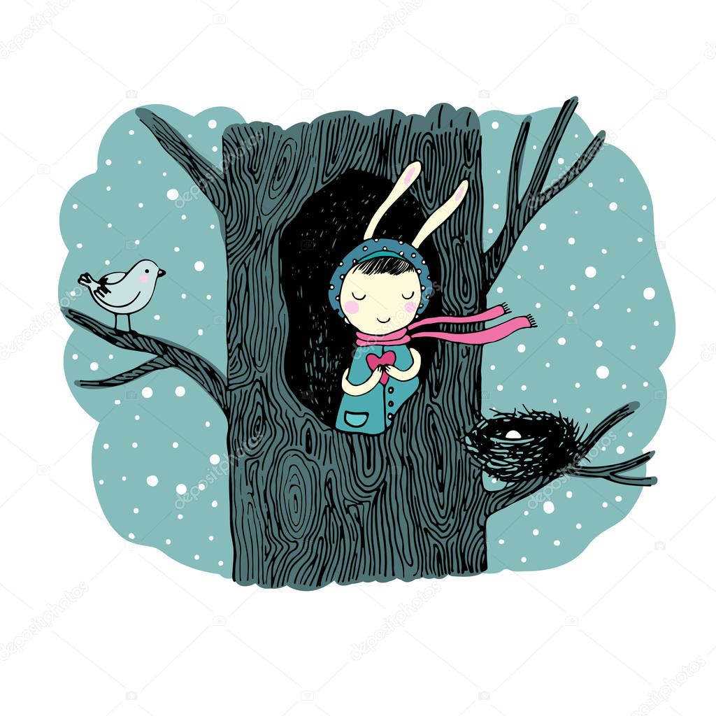 The story about a bunny, tree and bird