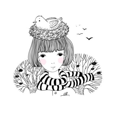 Güzel genç kız ve bir yuva bir kuş.