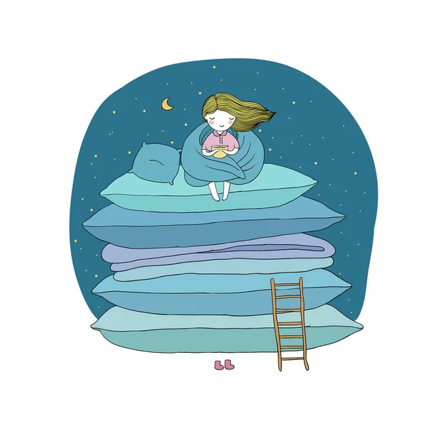 Χαριτωμένο κοριτσάκι, μαξιλάρια και μια σκάλα. — Διανυσματικό Αρχείο