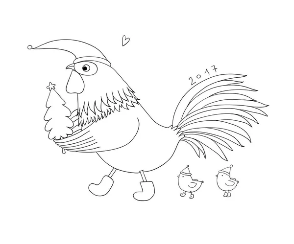 Cartoon-Hahn niedlich, kleine Hühner und Weihnachtsbaum. — Stockvektor