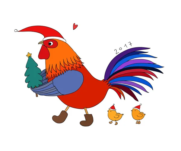 Κόκορας κινουμένων σχεδίων χαριτωμένο, μικρό κοτόπουλα και χριστουγεννιάτικο δέντρο. — Διανυσματικό Αρχείο