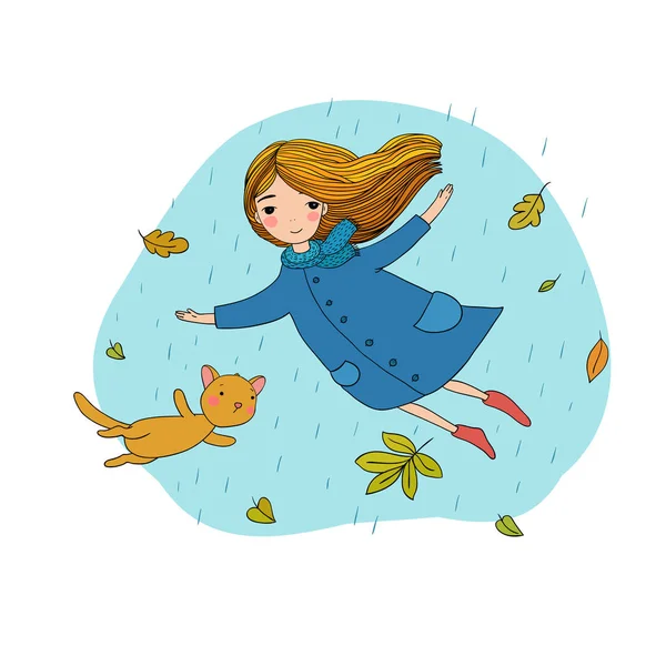 Hermosa niña y un lindo gato de dibujos animados volando con hojas de otoño . — Vector de stock