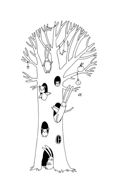 Magiczne drzewo, króliki, Sowa, pies i myszy. Pejzaż zimowy. — Wektor stockowy
