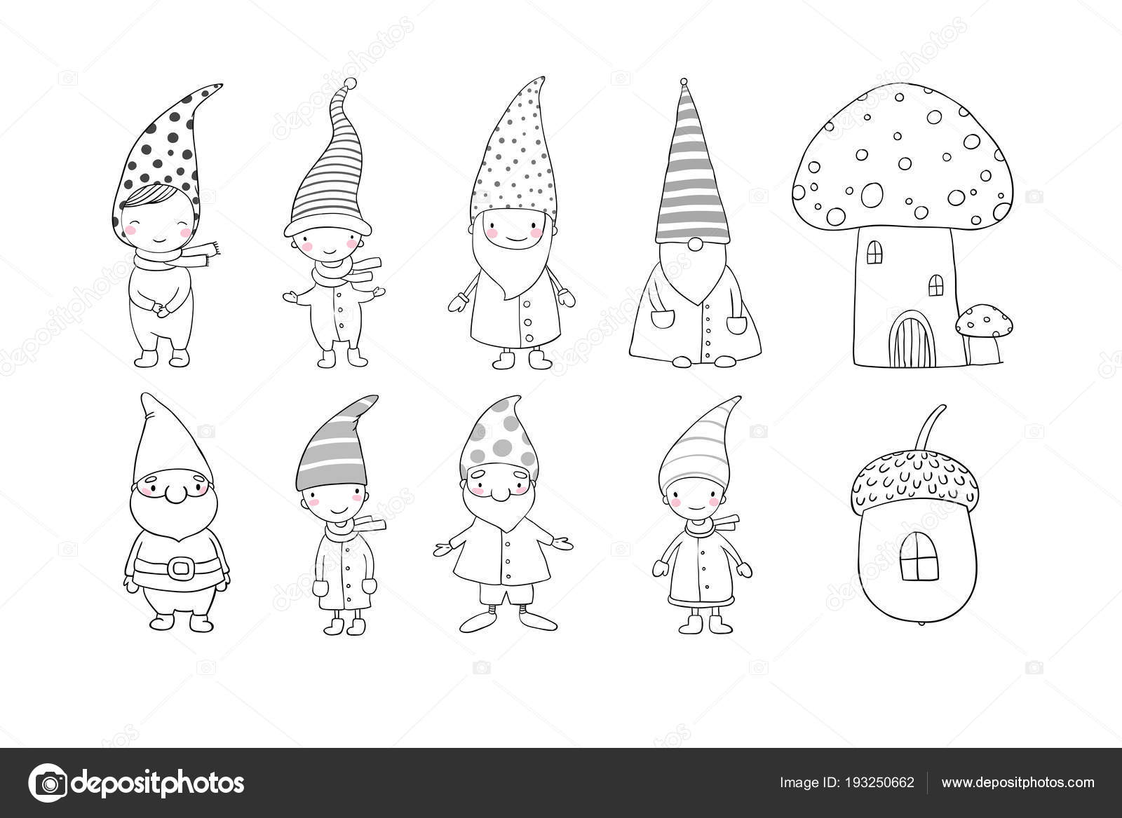Set of cute cartoon gnomes. Funny elves. Hand drawing isolated