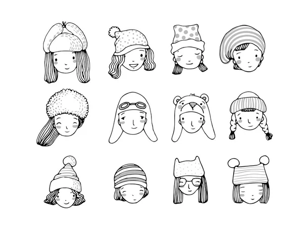 Des visages différents. Des gens avec des chapeaux d'hiver. Dessin à la main d'objets isolés sur fond blanc . — Image vectorielle