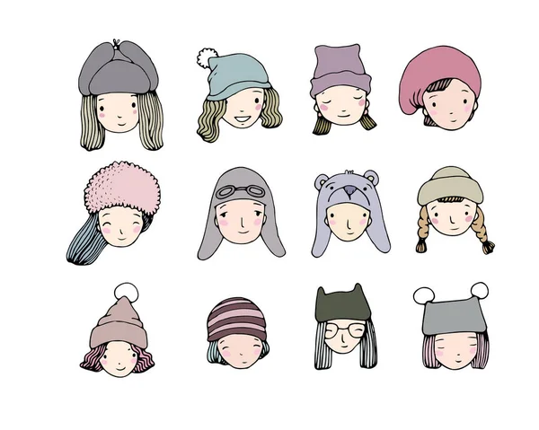 Caras diferentes. Pessoas com chapéus de inverno. Desenho à mão objetos isolados no fundo branco . — Vetor de Stock