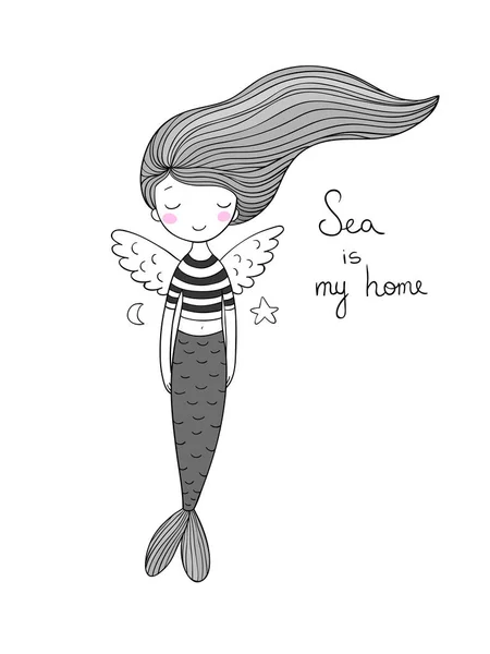 かわいい人魚の翼を持つ。サイレン。海のテーマ. — ストックベクタ