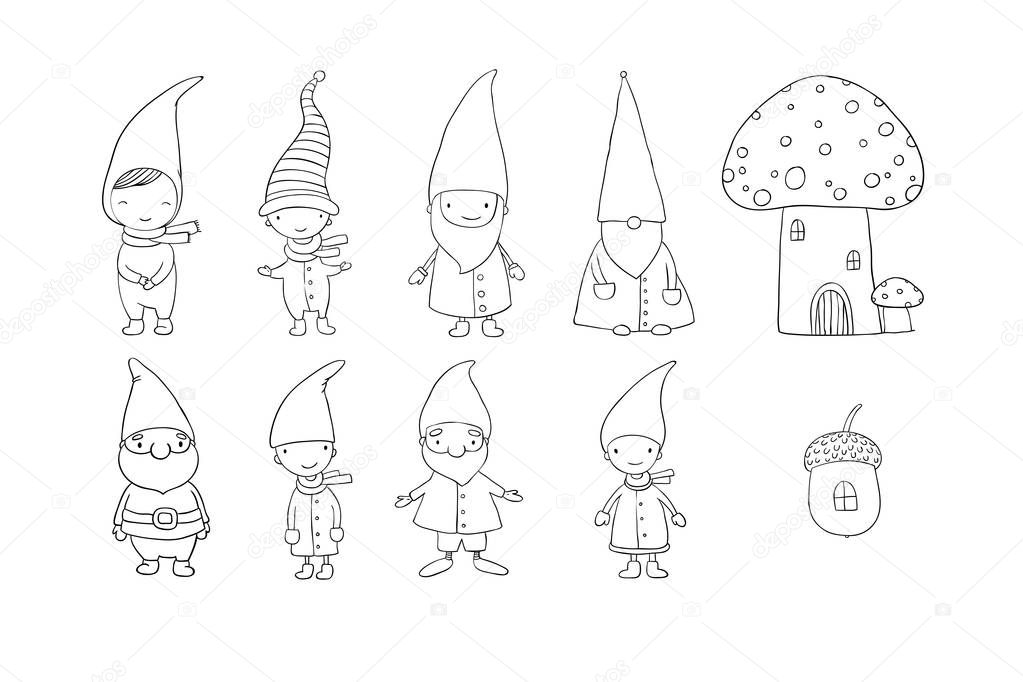 Set of cute cartoon gnomes. Funny elves. Hand drawing isolated objects on white background. Vector illustration.