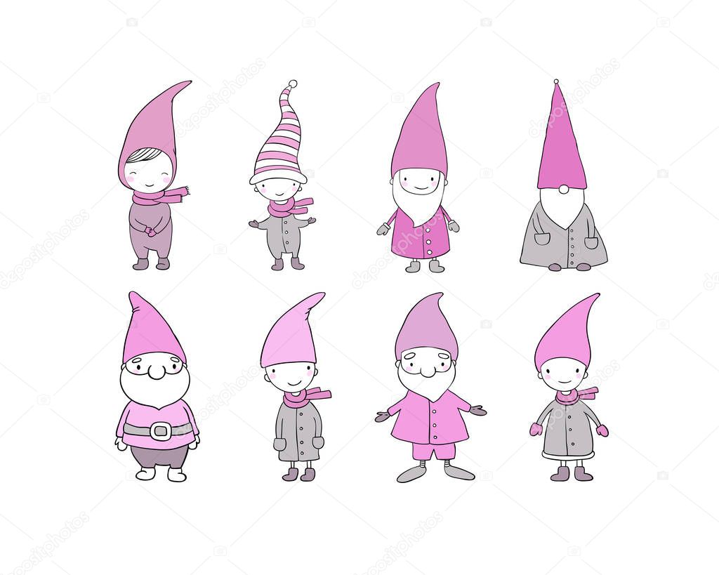 Set of cute cartoon gnomes. Funny elves. Hand drawing isolated objects on white background. Vector illustration.