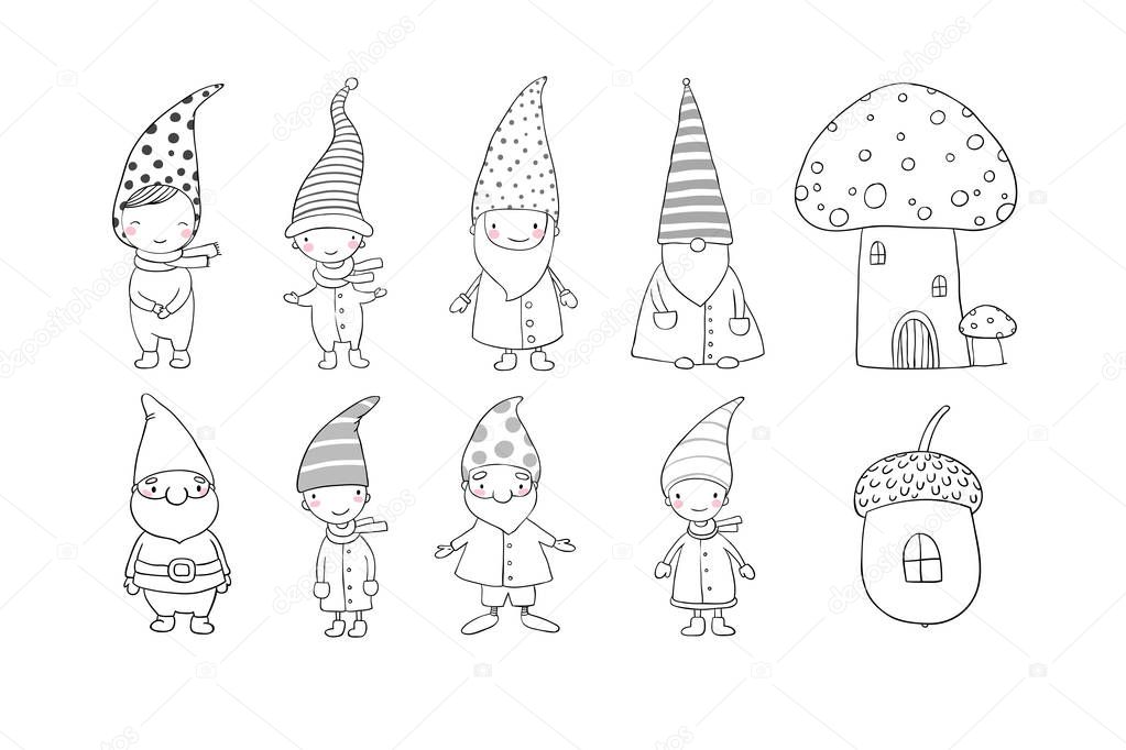 Set of cute cartoon gnomes. Funny elves. Hand drawing isolated objects on white background. Vector illustration.