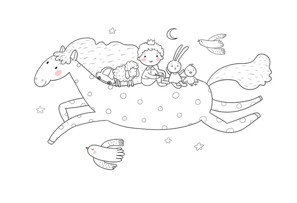 Pequeno Príncipe. Rapaz dos desenhos animados bonito em uma coroa voa em um pônei. Lebre alegre, ovelhas e frango —  Vetores de Stock