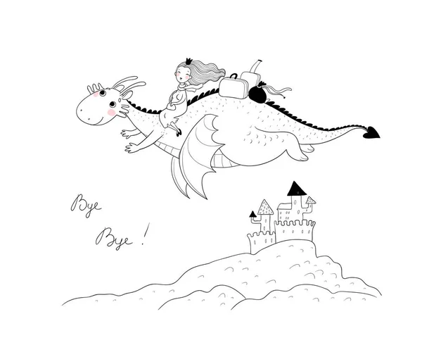 Принцеса летить на драконі. Королева і динозавр . — стоковий вектор