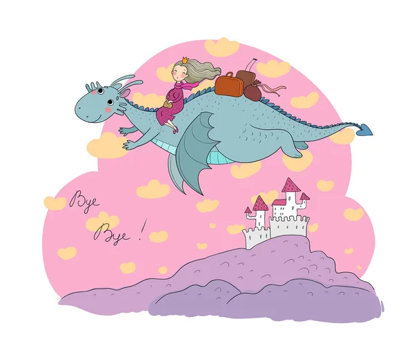 Принцесса летит на драконе. Королева и динозавр . — стоковый вектор