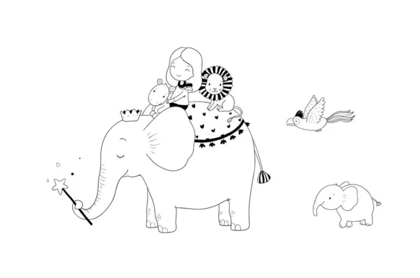 Menina bonito desenho animado, elefante, macaco e hipopótamo . — Vetor de Stock