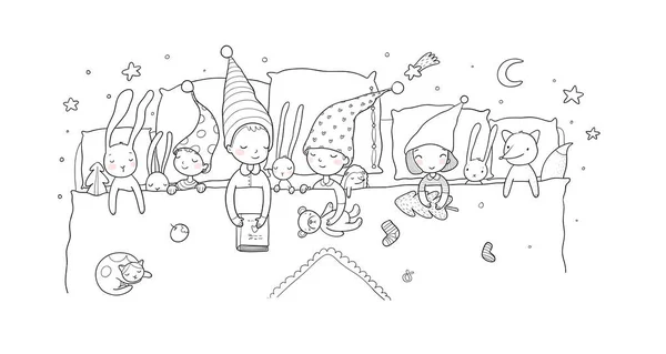 Os gnomos de desenho animado bonitos dormem em uma cama. Elfos de madeira engraçados. Crianças e brinquedos sonolentos - Vetor — Vetor de Stock