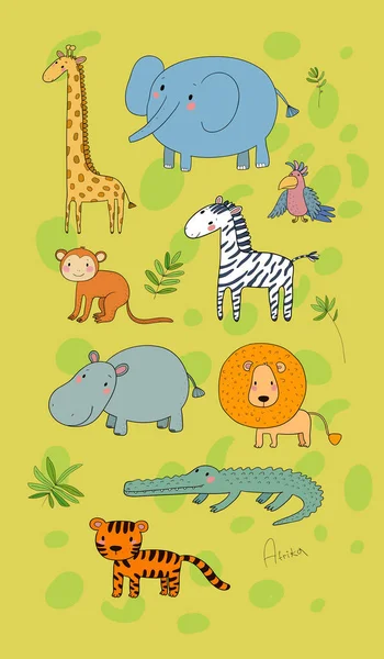 Afrika hayvanları. Sevimli aslan ve kaplan, fil ve zebra, maymun ve papağan. Eğlenceli hayvanat bahçesi — Stok Vektör