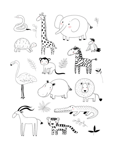 Afrikaanse dieren. Leuke cartoon leeuw en tijger, olifant en zebra, aap en papegaai. Leuke dierentuin — Stockvector