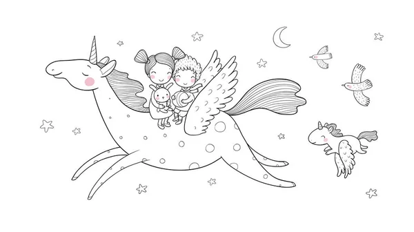 Симпатичный мультяшный мальчик и девочка и единорог. Дети летают на пегасе — стоковый вектор