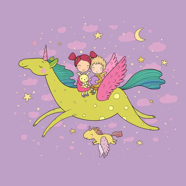 Anak laki-laki kartun, perempuan, dan unicorn. Anak-anak terbang menggunakan pegasus - Stok Vektor