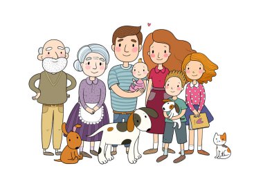 Mutlu bir aile. Çocuklu ebeveynler. Sevimli çizgi film babası, anne, kız, oğul ve bebek. Büyükanne ve büyükbaba. Komik kedi ve köpek
