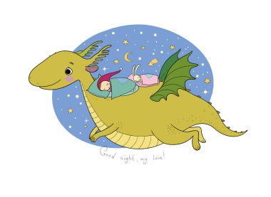 Sevimli karikatür gnome bir ejderha üzerinde uçuyor. elf ve dinozor -
