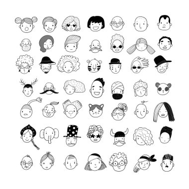 Desen grafik yüzü olan. Vektör çizim. İnsanlar simgeler kümesi