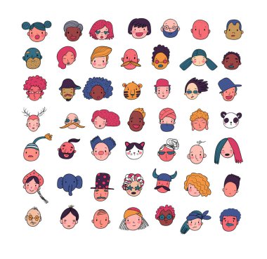 Desen grafik yüzü olan. Vektör çizim. İnsanlar simgeler kümesi