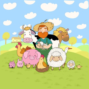 Şirin çizgi film çiftçileri ve hayvanları. Köylü ve inek, at ve koyun, tavuk ve kaz, domuz ve horoz.
