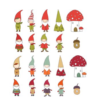  Karikatür cüceleri. Yeni yıl hazır. Noel elfleri. Vektör