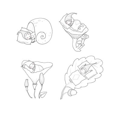 Tatlı çizgi film uyku cüceleri. Orman elfleri. Vektör illüstrasyonu