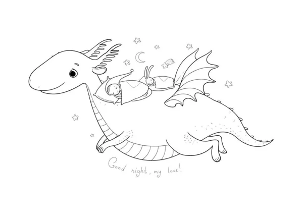 Carino gnomo cartone animato sta volando su un drago. elfo e dinosauro  - — Vettoriale Stock