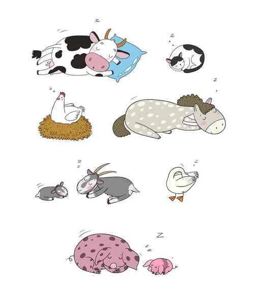 熟睡的农场动物。 可爱的卡通马，牛和山羊，羊和鹅，鸡和猪. — 图库矢量图片
