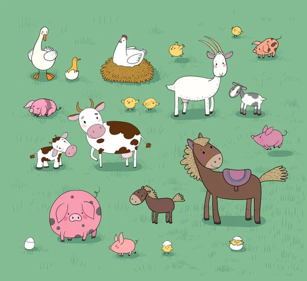 Animais de quinta. Cavalo de desenho animado bonito, vaca e cabra, ovelhas e ganso, frango e porco . —  Vetores de Stock