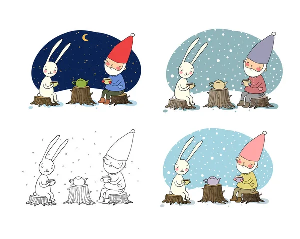 Ute gnomes de dessin animé. Nouvel An est prêt. Elfes de Noël. Vecteur — Image vectorielle