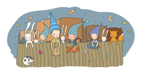 Lindos gnomos de dibujos animados duermen en una cama. Elfos de madera graciosos. Niños somnolientos y juguetes - Vector — Archivo Imágenes Vectoriales