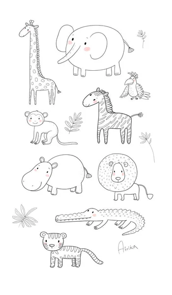 Afrikaanse dieren. Leuke cartoon leeuw en tijger, olifant en zebra, aap en papegaai. Leuke dierentuin — Stockvector