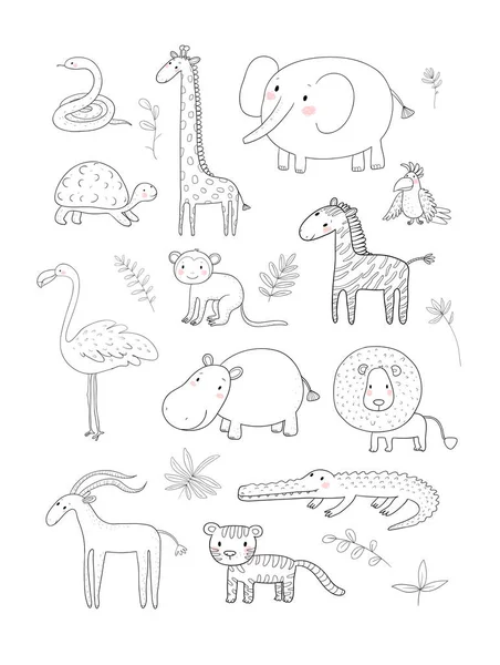 Animales africanos. Lindo león de dibujos animados y tigre, elefante y cebra, mono y loro. Zoológico divertido — Vector de stock