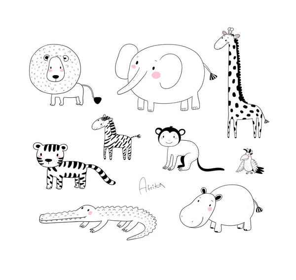 非洲动物。 可爱的卡通狮子和老虎,大象和斑马,猴子和鹦鹉. 有趣的动物园 — 图库矢量图片