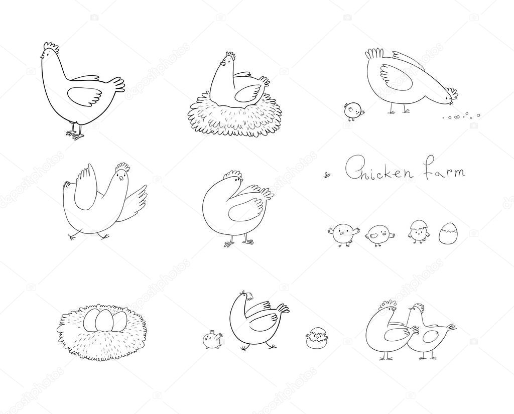 Set with cartoon cute chicken, nest and eggs. Farm animals. Vector