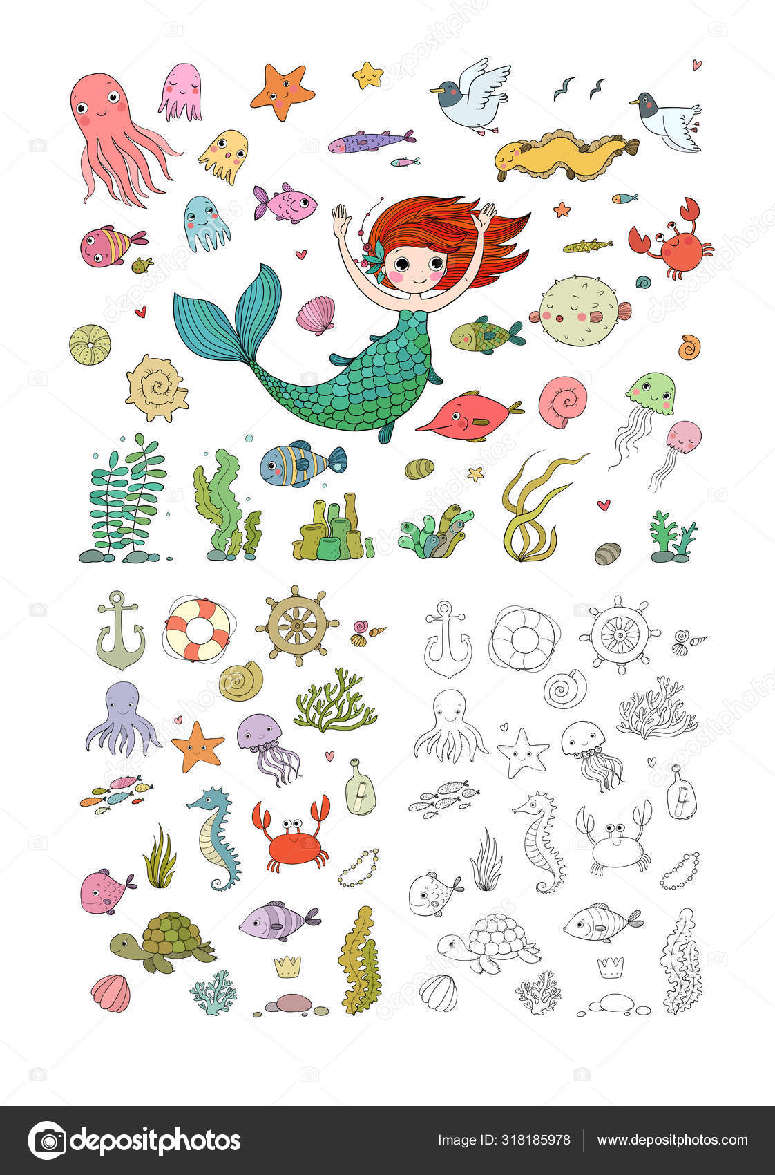 海洋のイラスト セット 人魚かわいい漫画 ストックベクター