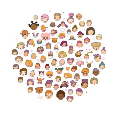 Desen grafik yüzü olan. Vektör çizim. İnsanlar simgeler kümesi
