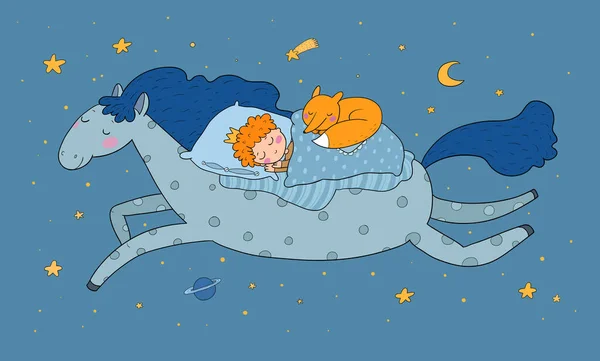 Le garçon à la couronne dort sur un poney magique. Le petit roi. Bonne nuit. Doux rêves — Image vectorielle