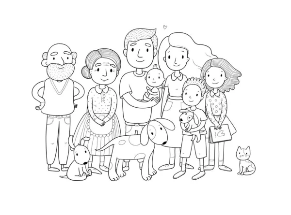 Uma família feliz. Pais com filhos. Bonito desenho animado pai, mãe, filha, filho e bebê. avó e avô. Gato e cão de estimação engraçado —  Vetores de Stock