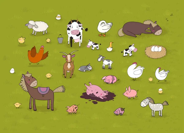 Animales de granja. Lindo caballo de dibujos animados, vaca y cabra, ovejas y ganso, pollo y cerdo . — Archivo Imágenes Vectoriales