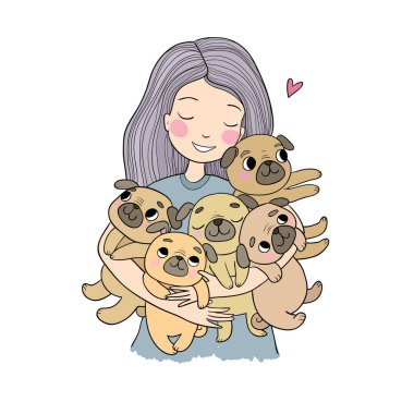 Komik sevimli köpekleri olan bir kız. Çizgi filmlerdeki neşeli köpekler. beş köpek yavrusu.