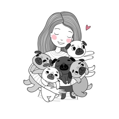 Komik sevimli köpekleri olan bir kız. Çizgi filmlerdeki neşeli köpekler. beş köpek yavrusu.
