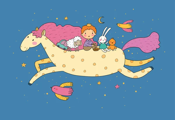Petit Prince. mignon dessin animé garçon dans un couronne vole sur un poney . — Image vectorielle