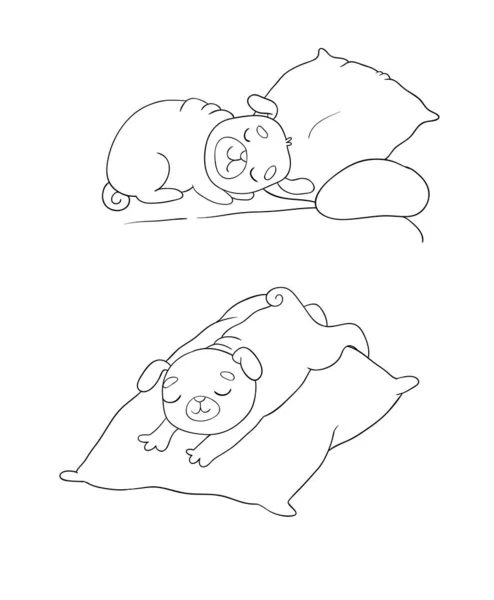 A cute cartoon pug is sleeping on a pillow. Funny dog — ストックベクタ
