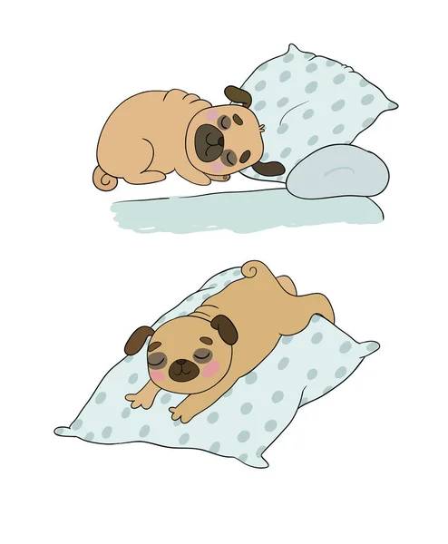 Un lindo pug de dibujos animados está durmiendo en una almohada. Perro gracioso — Vector de stock