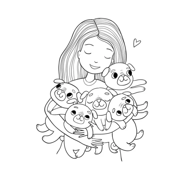 Meisje met grappige schattige pugs. Cartoon vrolijke honden. vijf puppies. — Stockvector